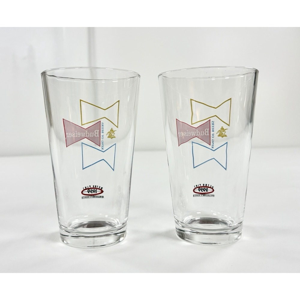2 Vintage Budweiser 1959 Retro Pint Glasses Collector's Series Bowtie Logo 16oz - Picture 2 of 8